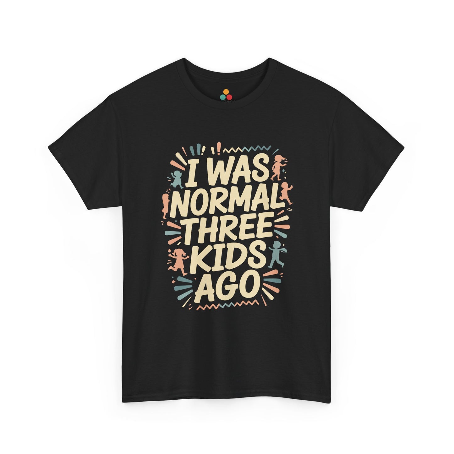 TEEZOCA black “I Was Normal Three Kids Ago” funny parent graphic t‑shirt shown flat.