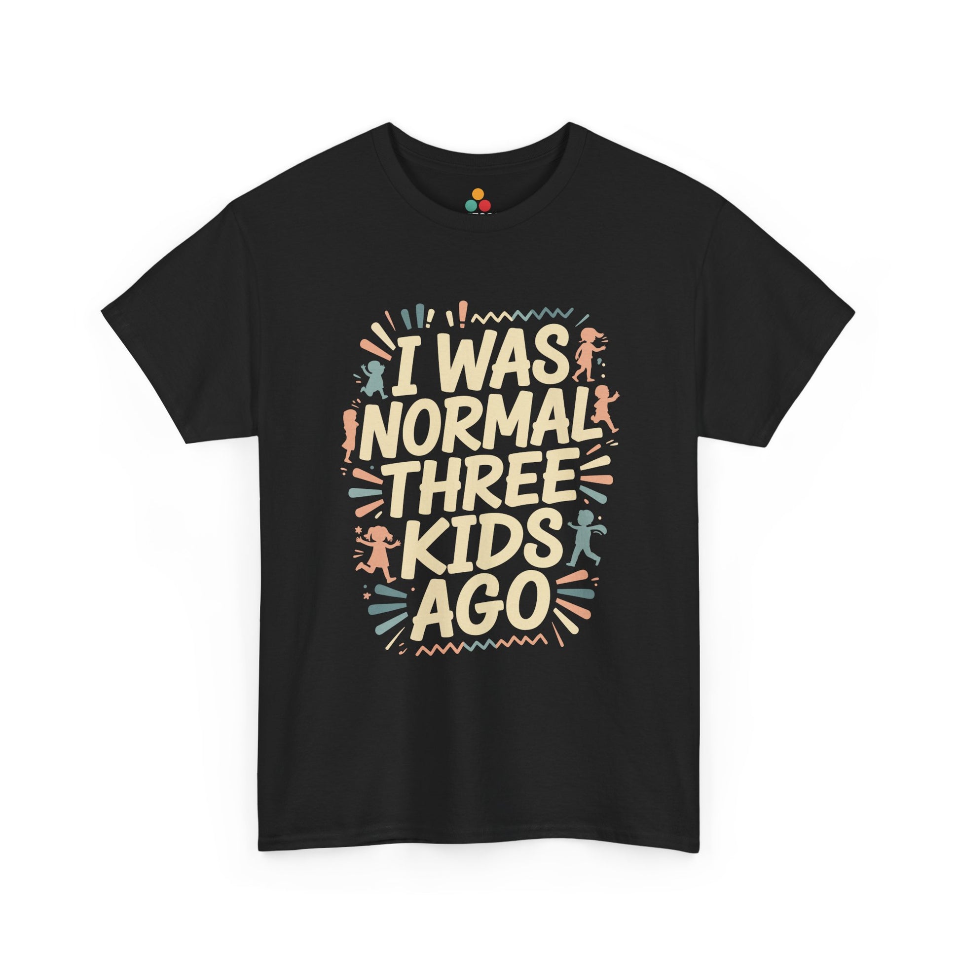 TEEZOCA black “I Was Normal Three Kids Ago” funny parent graphic t‑shirt shown flat.