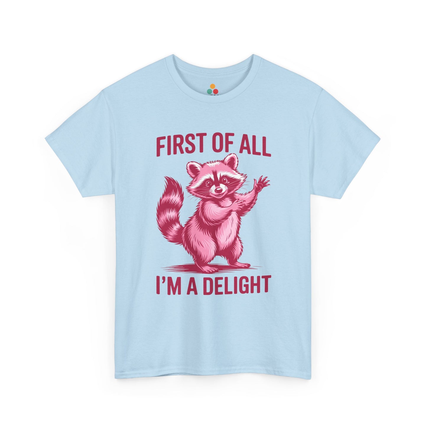 TEEZOCA light blue “First Of All I’m A Delight” novelty raccoon t‑shirt displayed flat.