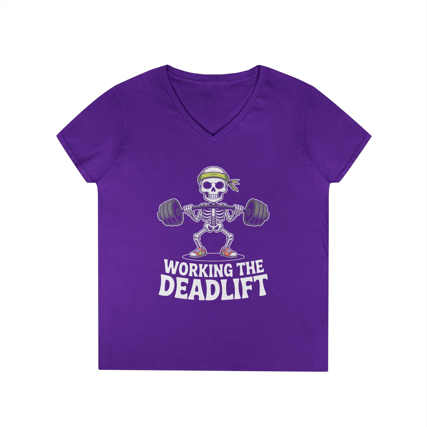 Working The Deadlift Skeleton Gym Humor V-Neck T-Shirt for Women | TEEZOCA 