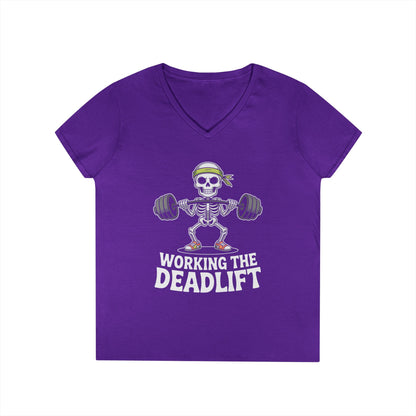 Working The Deadlift Skeleton Gym Humor V-Neck T-Shirt for Women | TEEZOCA 