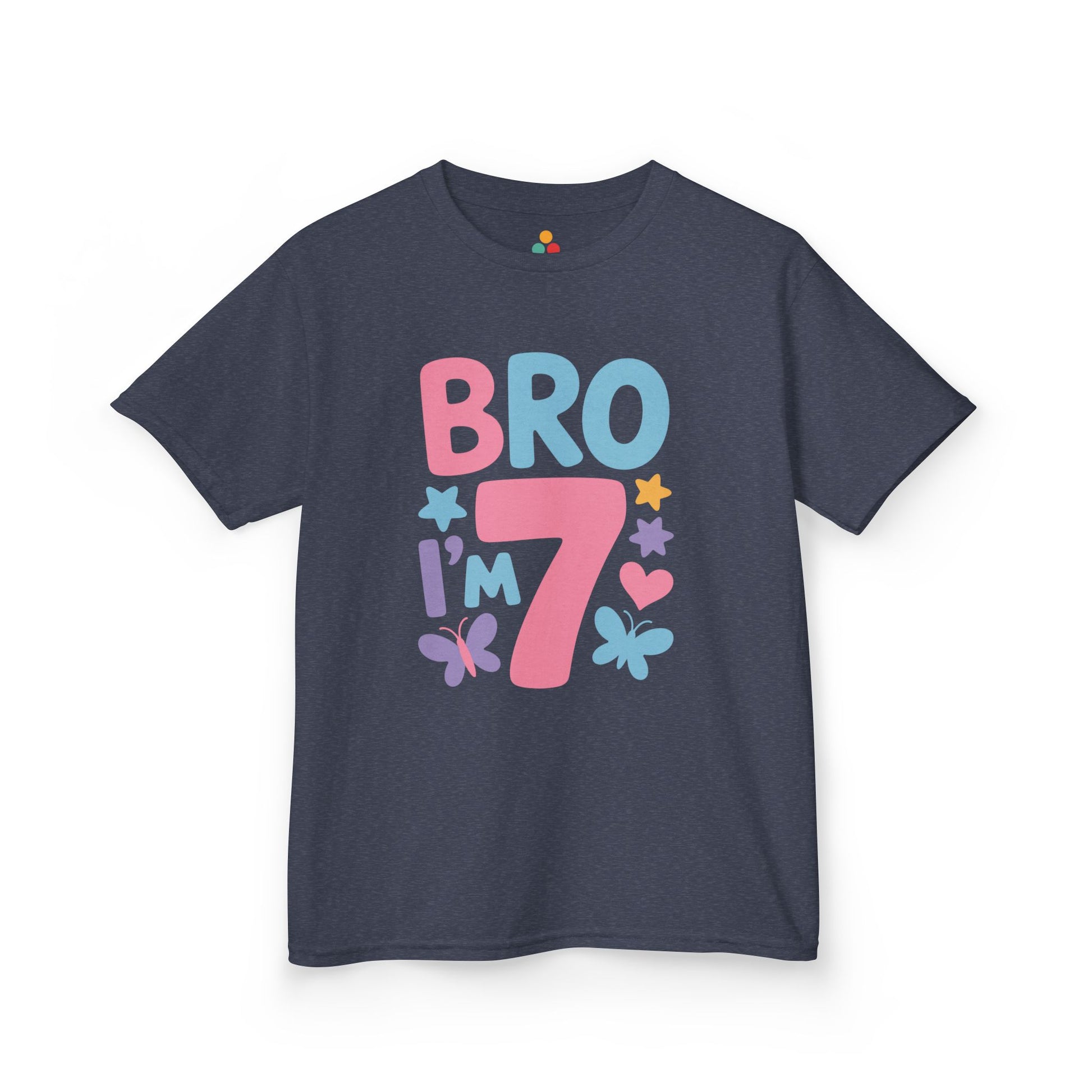 "Navy Teezoca Bro I'm 7 t-shirt, colorful flowers and hearts design, front view."

