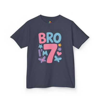"Navy Teezoca Bro I'm 7 t-shirt, colorful flowers and hearts design, front view."

