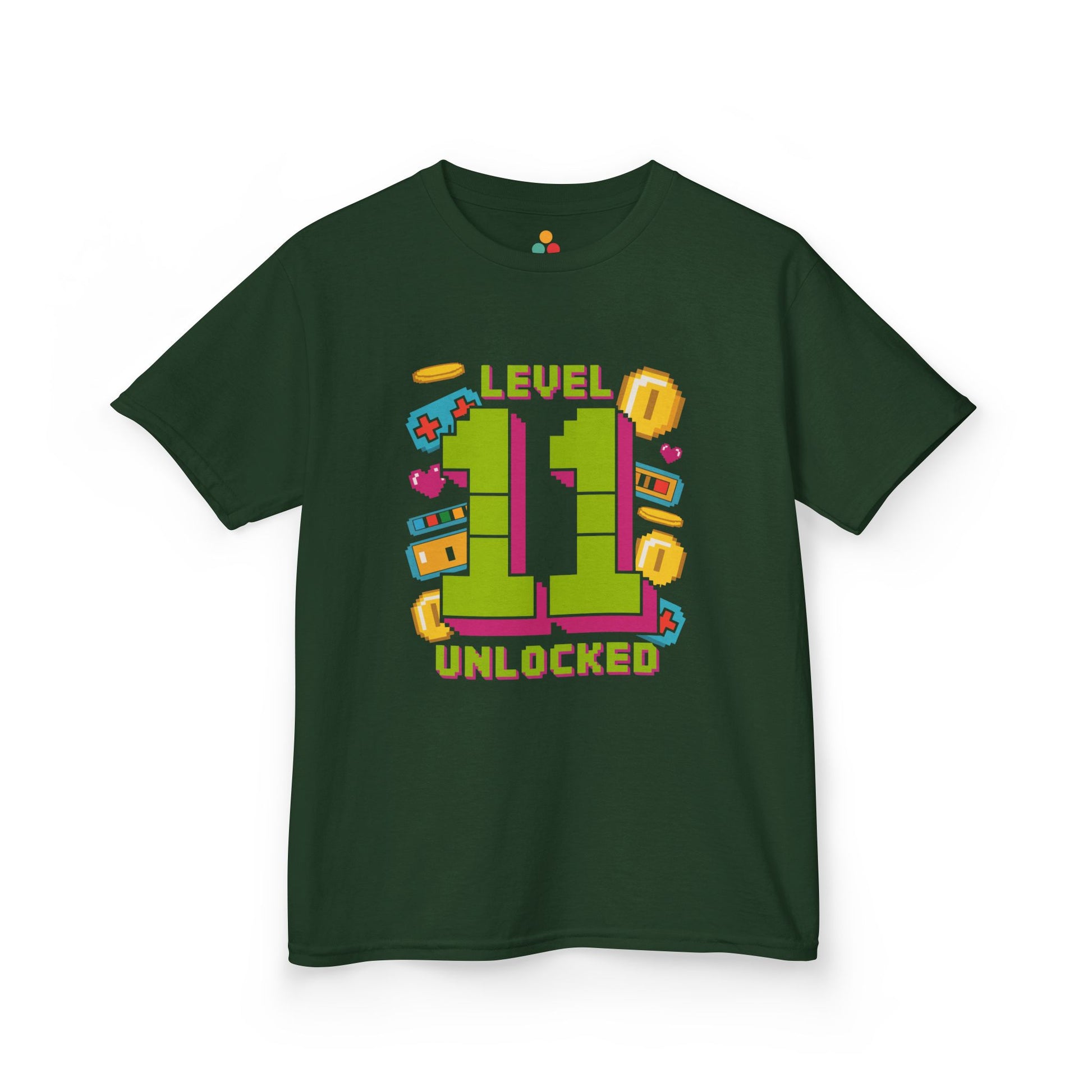 Maroon kids’ t‑shirt with neon green pixel “11” surrounded by gaming icons and “Level 11 Unlocked” text, flat front view.
