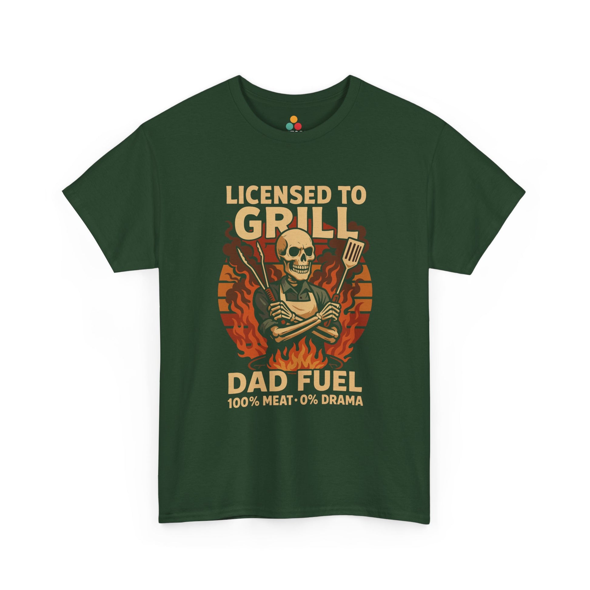 "forest green  'Licensed to Grill – Dad Fuel' shirts with skeleton grillmaster design, flat front view."

