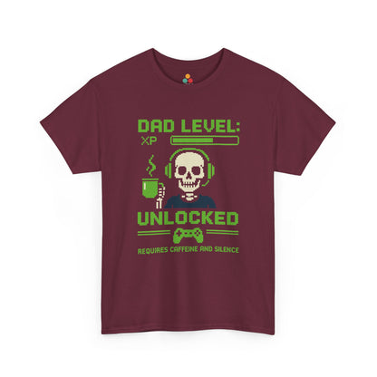 “Maroon ‘Dad Level: XP Unlocked – Requires Caffeine and Silence’ t‑shirt with neon green pixel design, flat display.”

