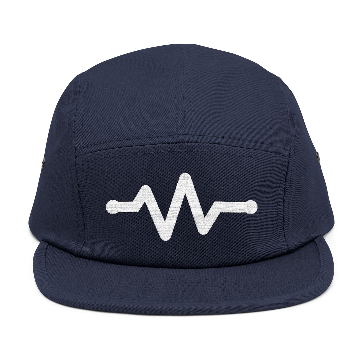 Navy blue cap with a white wave design on a white background. Minimal pulse line embroidered on navy five-panel cap. TEEZOCA