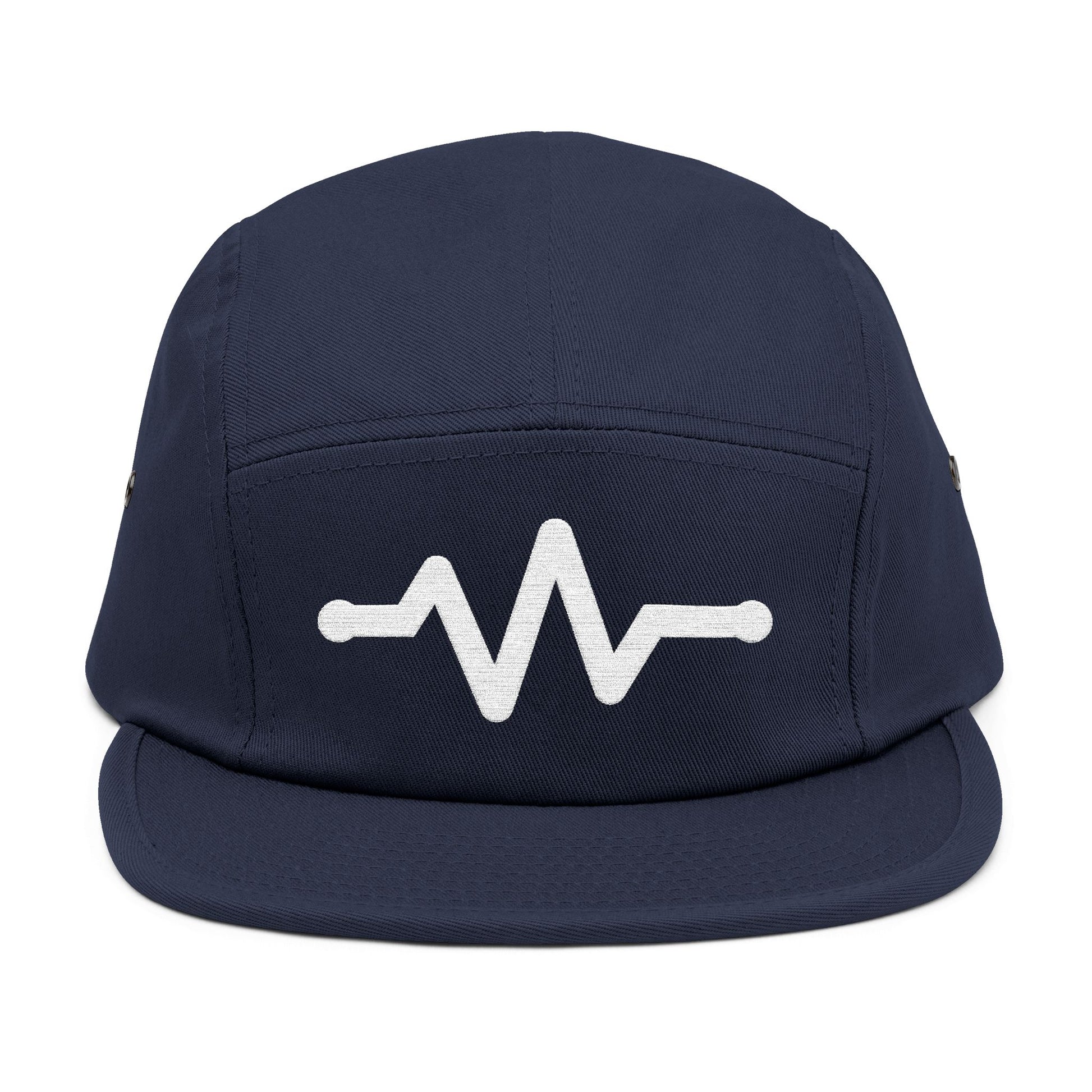 Navy blue cap with a white wave design on a white background. Minimal pulse line embroidered on navy five-panel cap. TEEZOCA