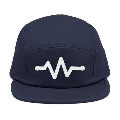 Navy blue cap with a white wave design on a white background. Minimal pulse line embroidered on navy five-panel cap. TEEZOCA