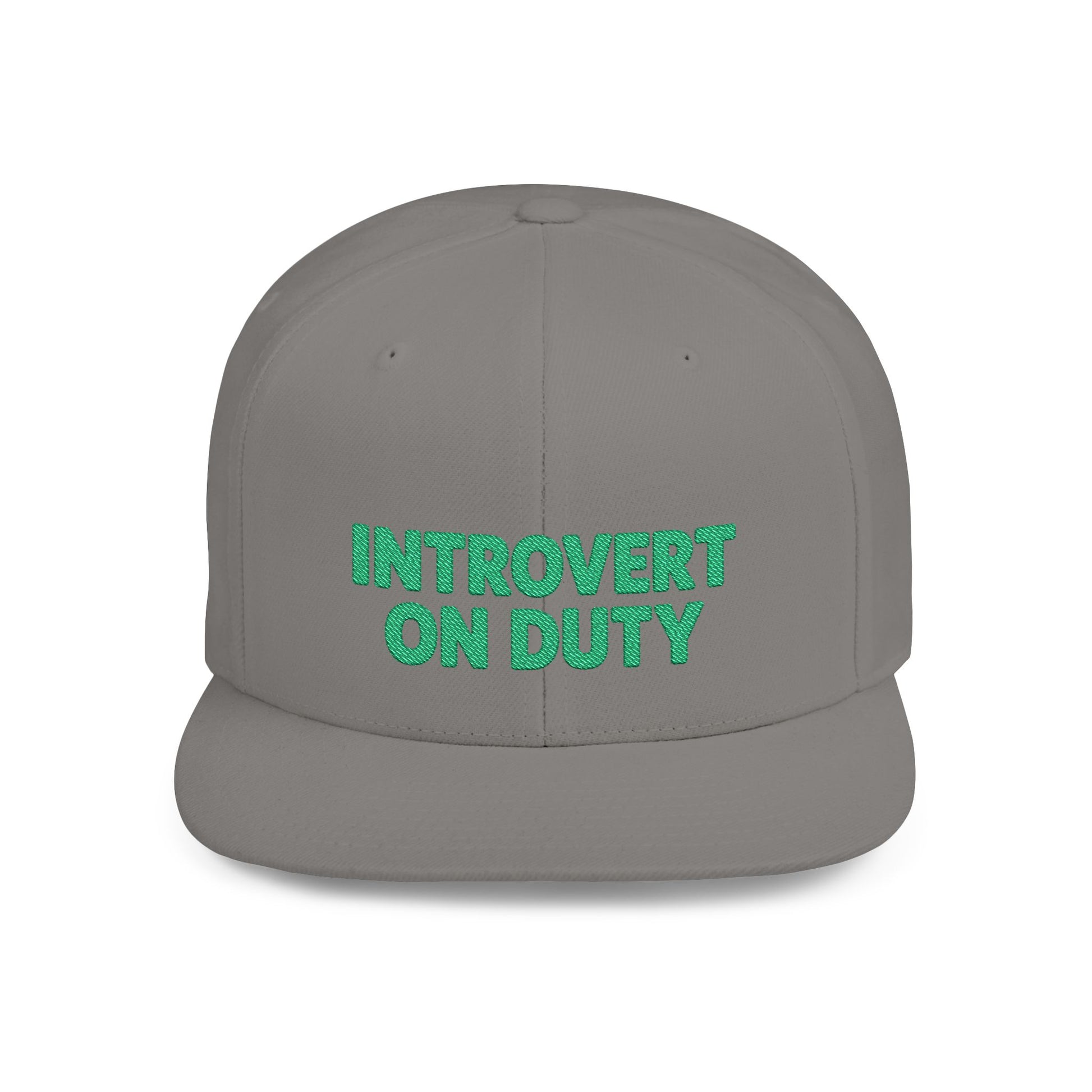 Gray cap with 'Introvert On Duty' text in green on a white background