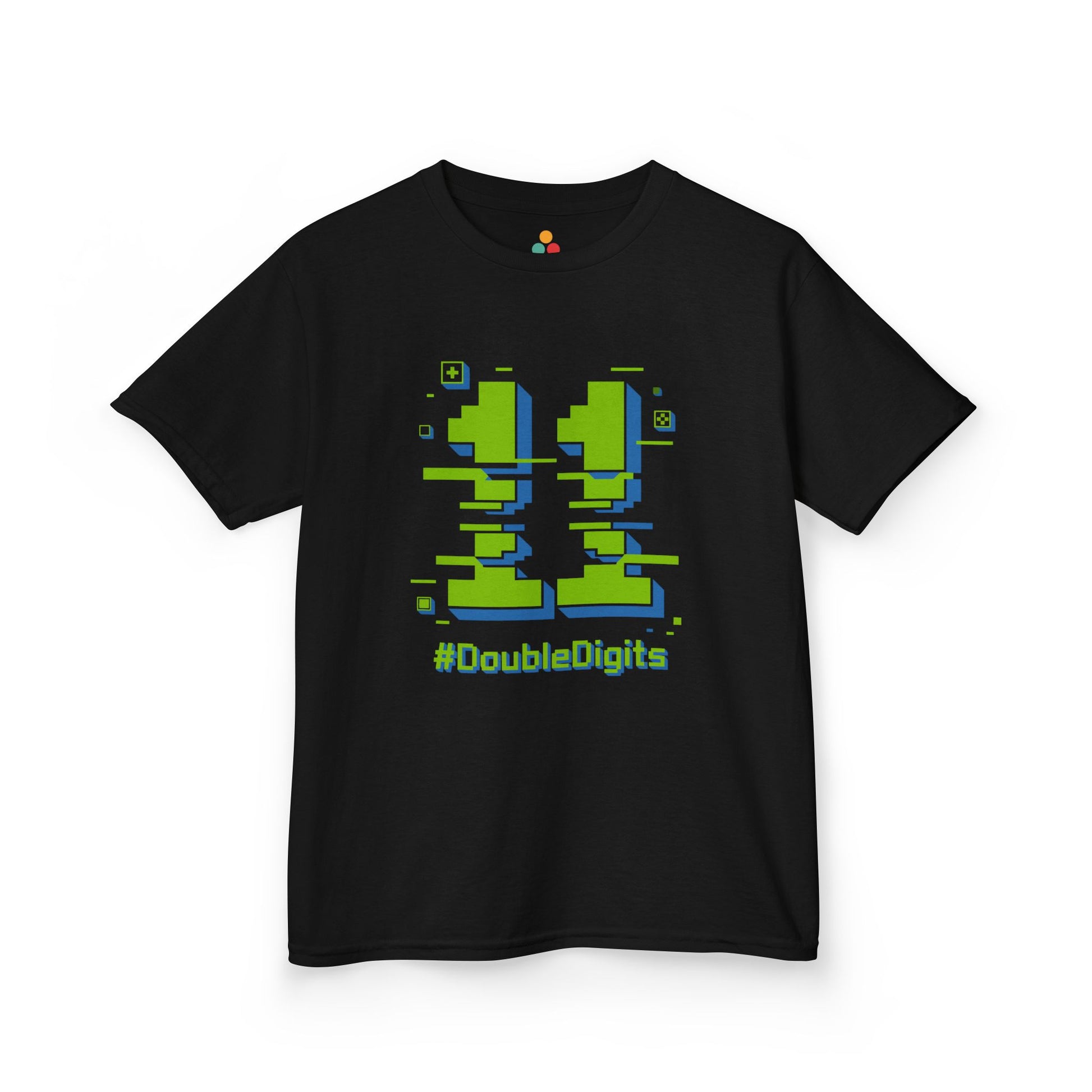  Black kids’ t‑shirt with neon green and blue pixel number 11 and “#DoubleDigits” gamer text, flat front view.
