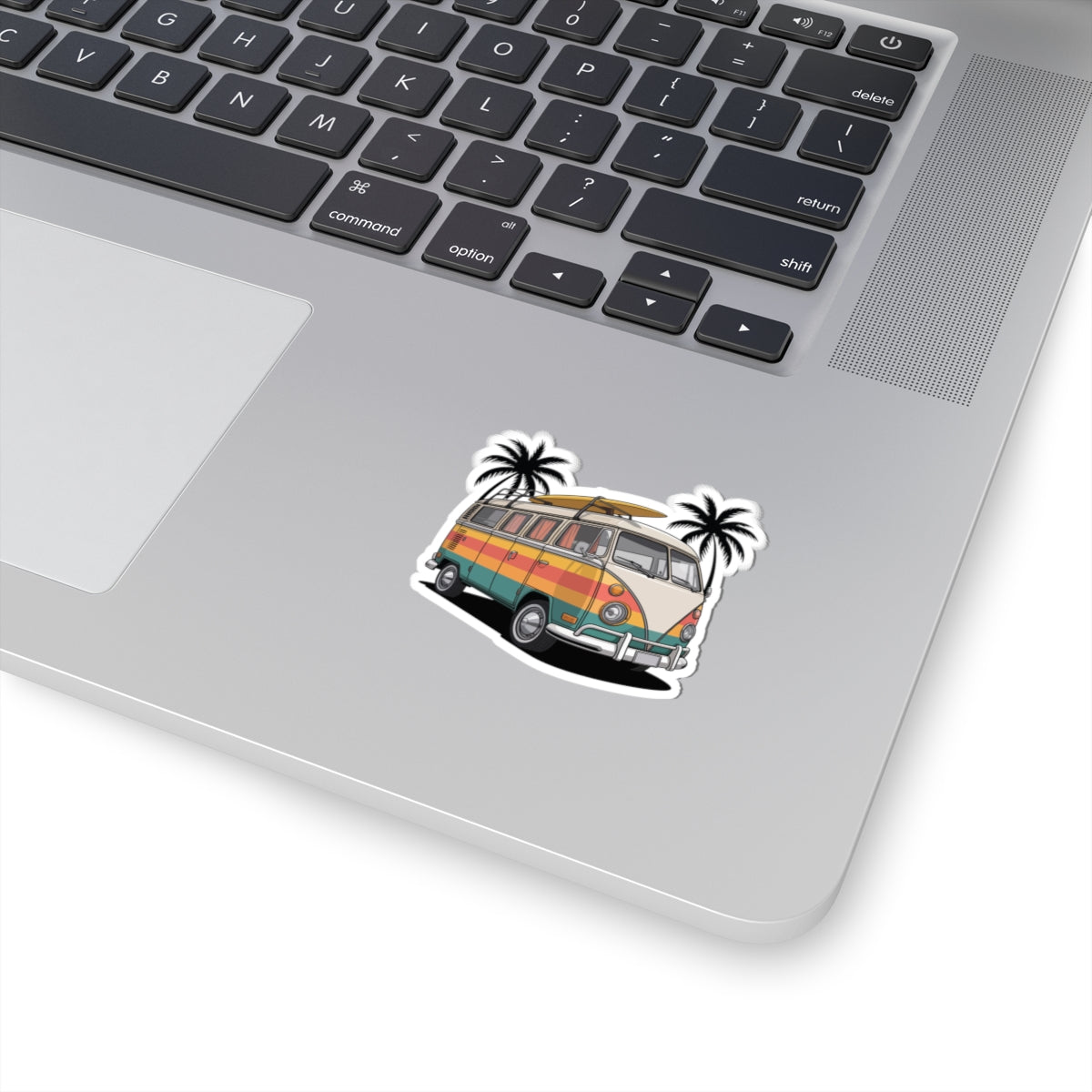 TEEZOCA beach travel sticker classic camper van illustration sunset stripe design