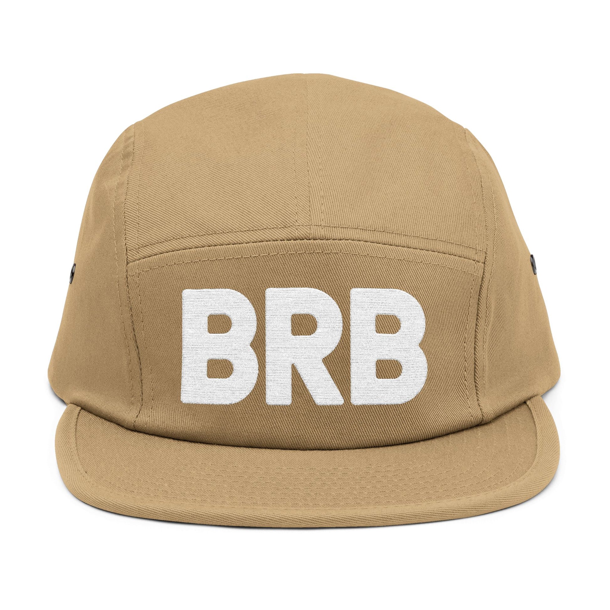 Tan cap with 'BRB' on a white background. BRB minimalist bold text design for embroidery. TEEZOCA