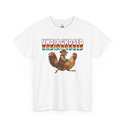 White t-shirt with a rooster graphic and 'undiagnosed' text on a white background