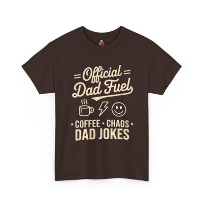 TEEZOCA brown “Official Dad Fuel Coffee Chaos Dad Jokes” funny father T‑shirt shown flat.