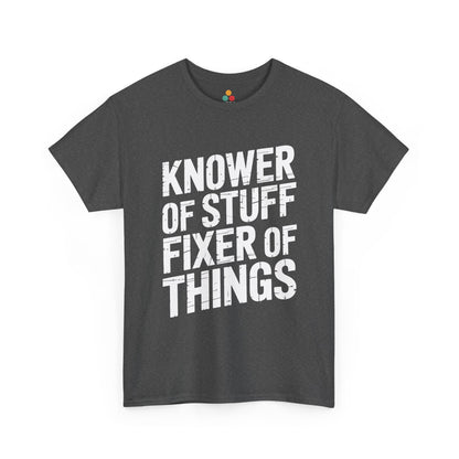 TEEZOCA Funny Father's Day Shirt. Gray t-shirt with white text 'KNOWER OF STUFF FIXER OF THINGS' on a white background