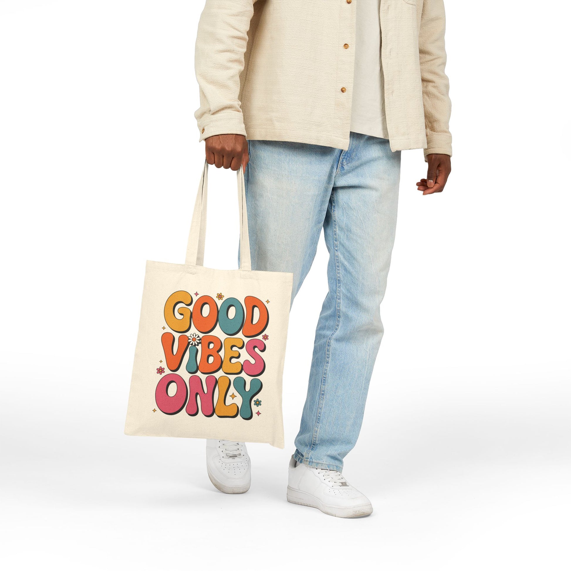 Bright playful Good Vibes Only lettering artwork on a TEEZOCA tote bag