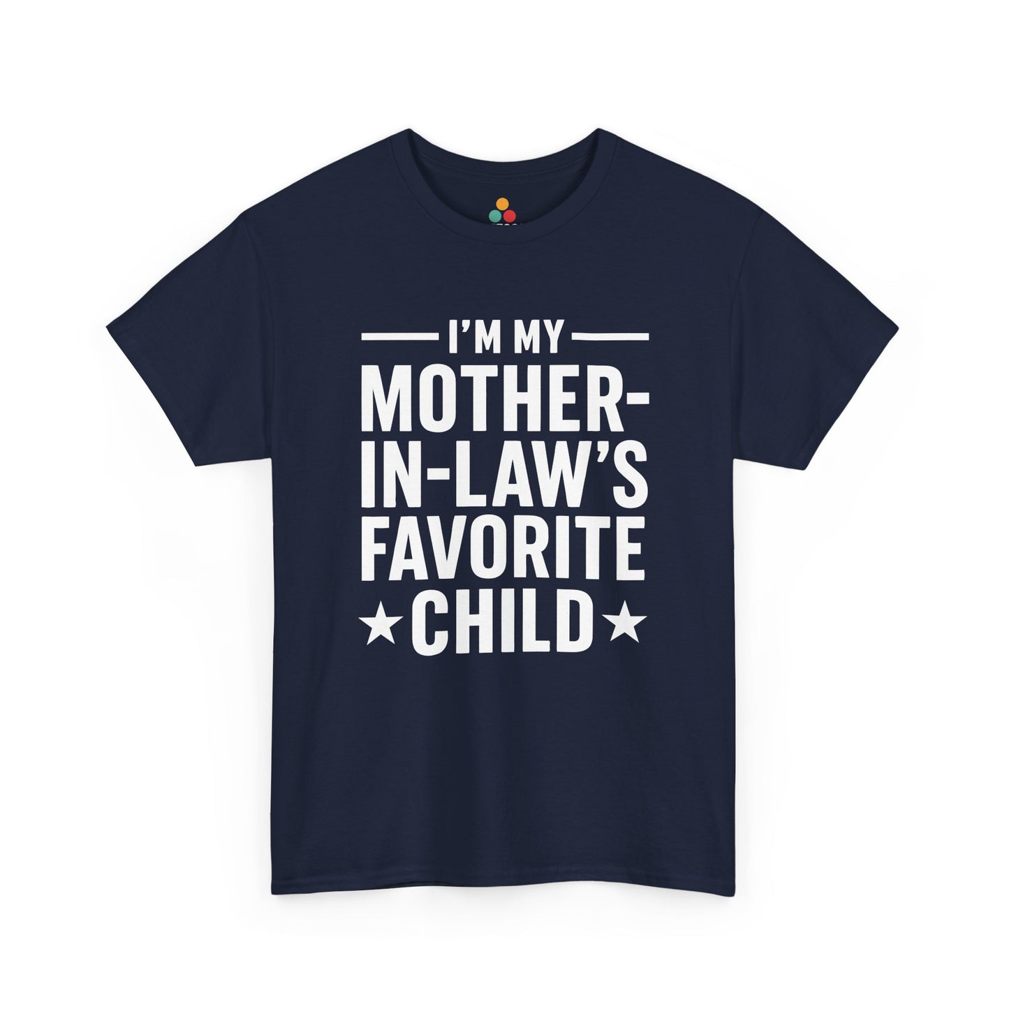 Navy unisex t‑shirt with large white “I’m My Mother‑In‑Law’s Favorite Child” text and stars, flat front view.