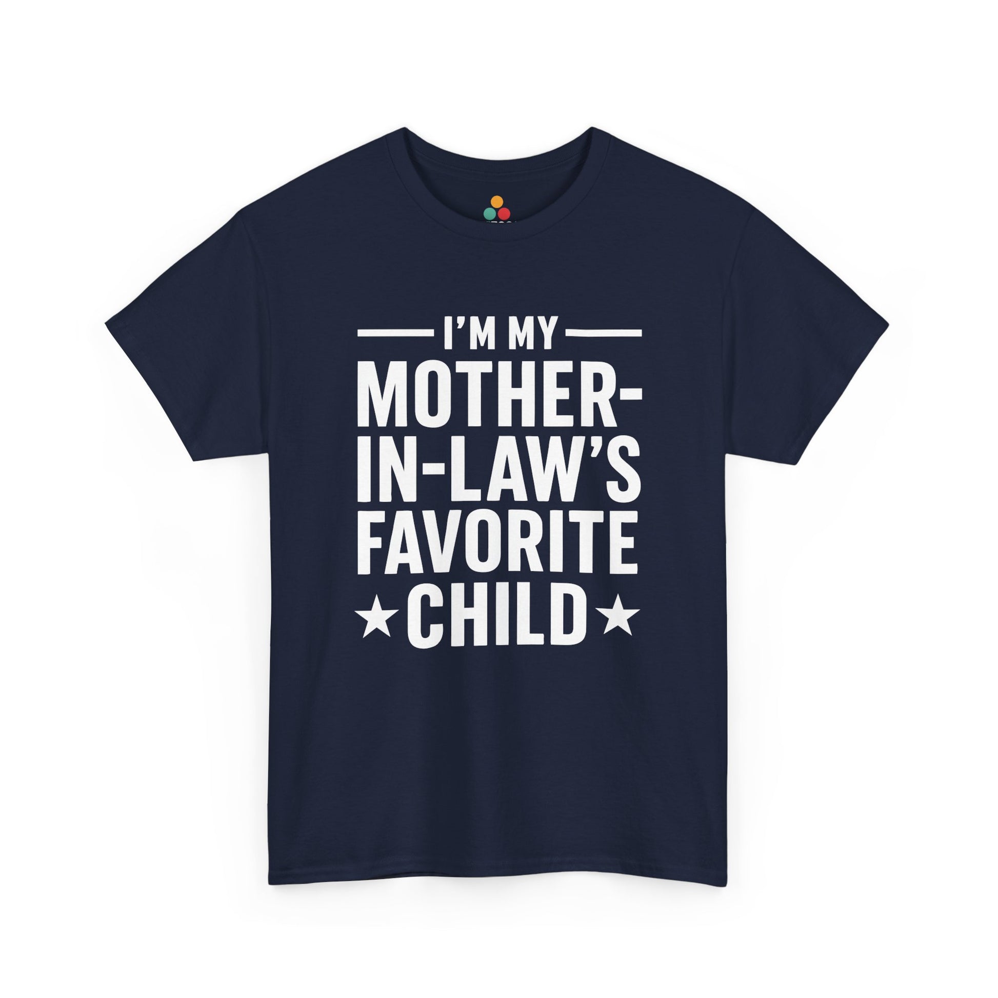 Navy unisex t‑shirt with large white “I’m My Mother‑In‑Law’s Favorite Child” text and stars, flat front view.