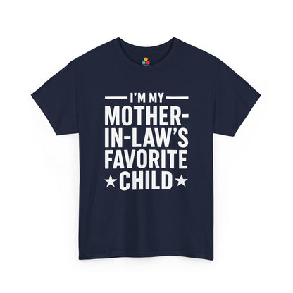 Navy unisex t‑shirt with large white “I’m My Mother‑In‑Law’s Favorite Child” text and stars, flat front view.