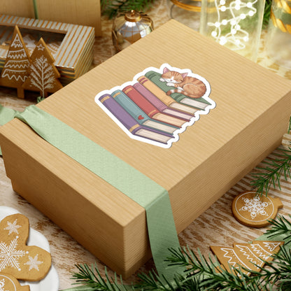 TEEZOCA kawaii cat sticker nap time on colorful book stack