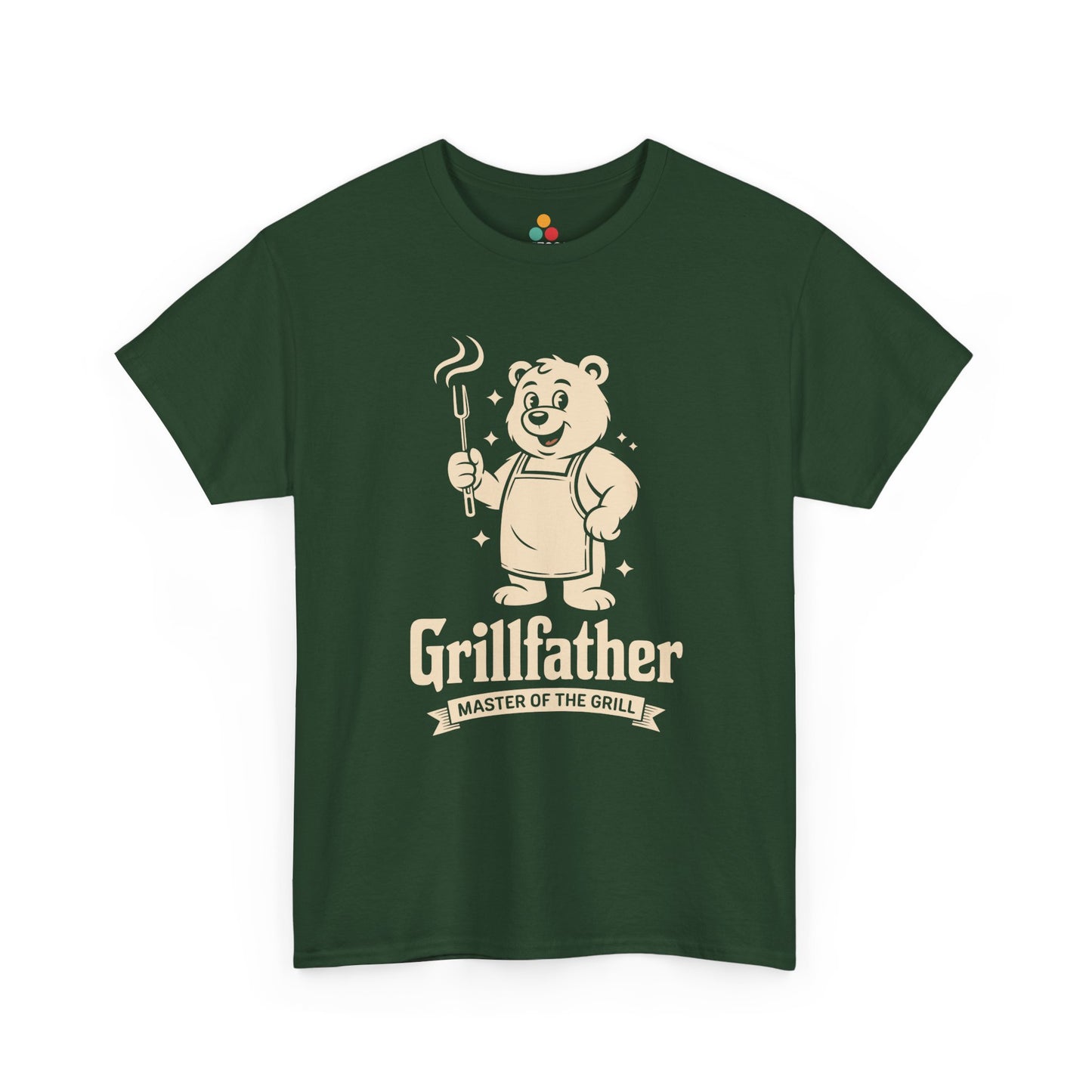 TEEZOCA dark green “Grillfather Master Of The Grill” BBQ bear graphic T‑shirt displayed flat.