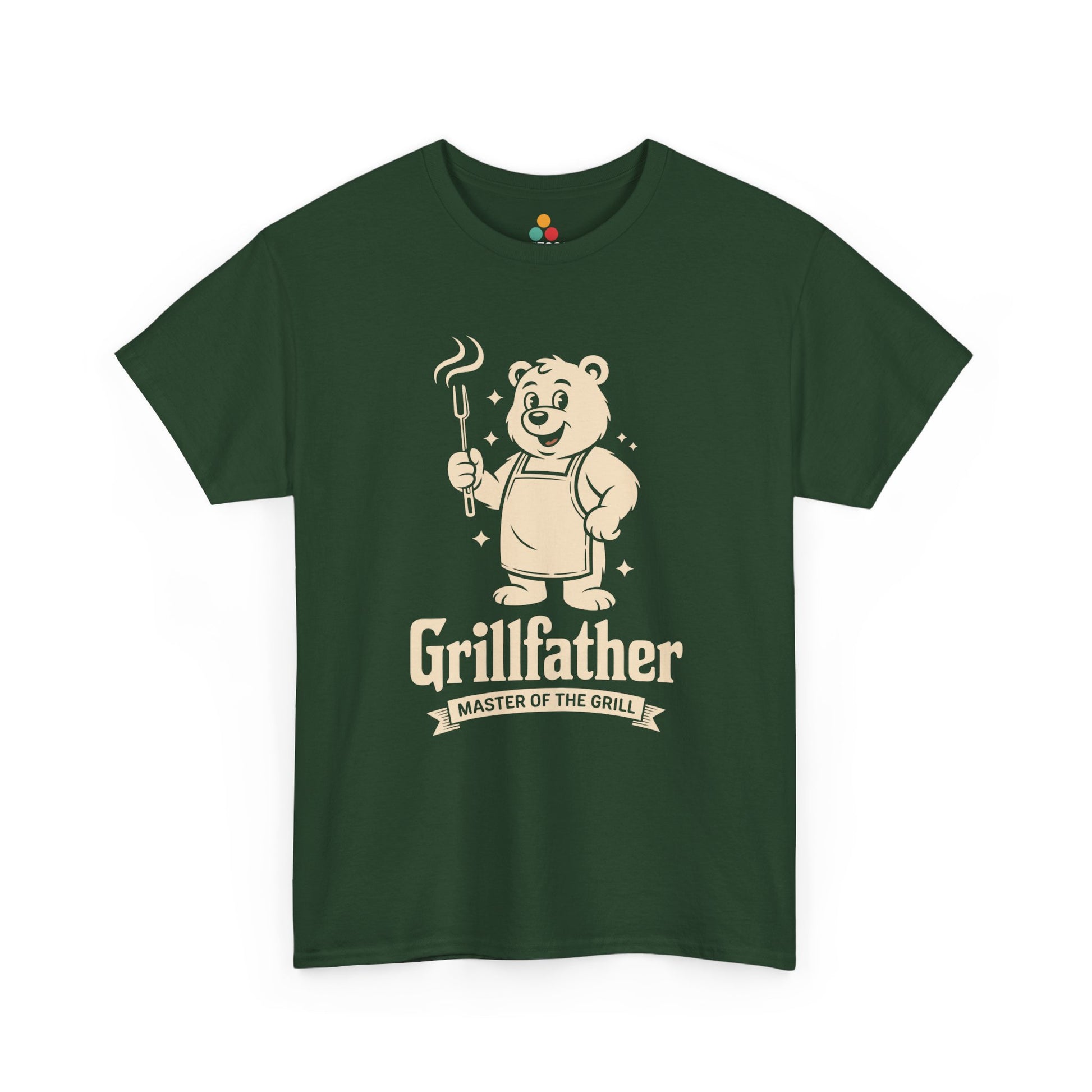 TEEZOCA dark green “Grillfather Master Of The Grill” BBQ bear graphic T‑shirt displayed flat.