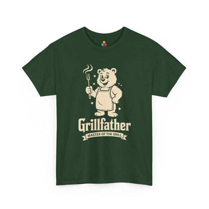 TEEZOCA dark green “Grillfather Master Of The Grill” BBQ bear graphic T‑shirt displayed flat.