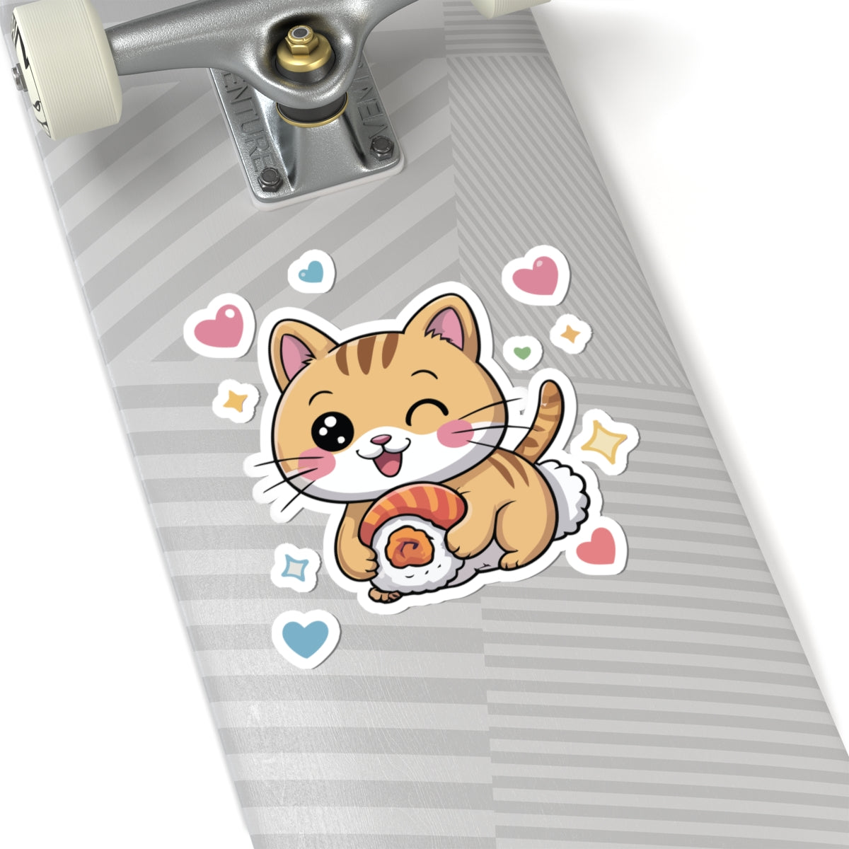 TEEZOCA cute sushi cat sticker showing a kawaii smiling cat holding sushi with hearts