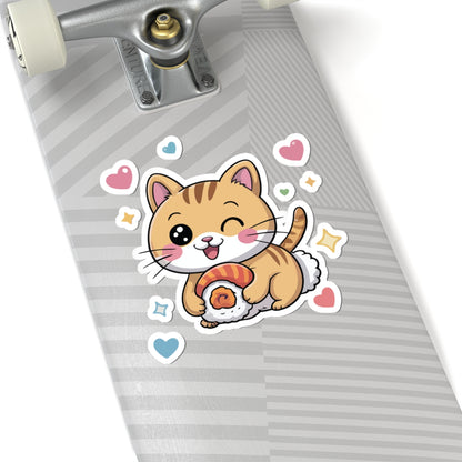 TEEZOCA cute sushi cat sticker showing a kawaii smiling cat holding sushi with hearts