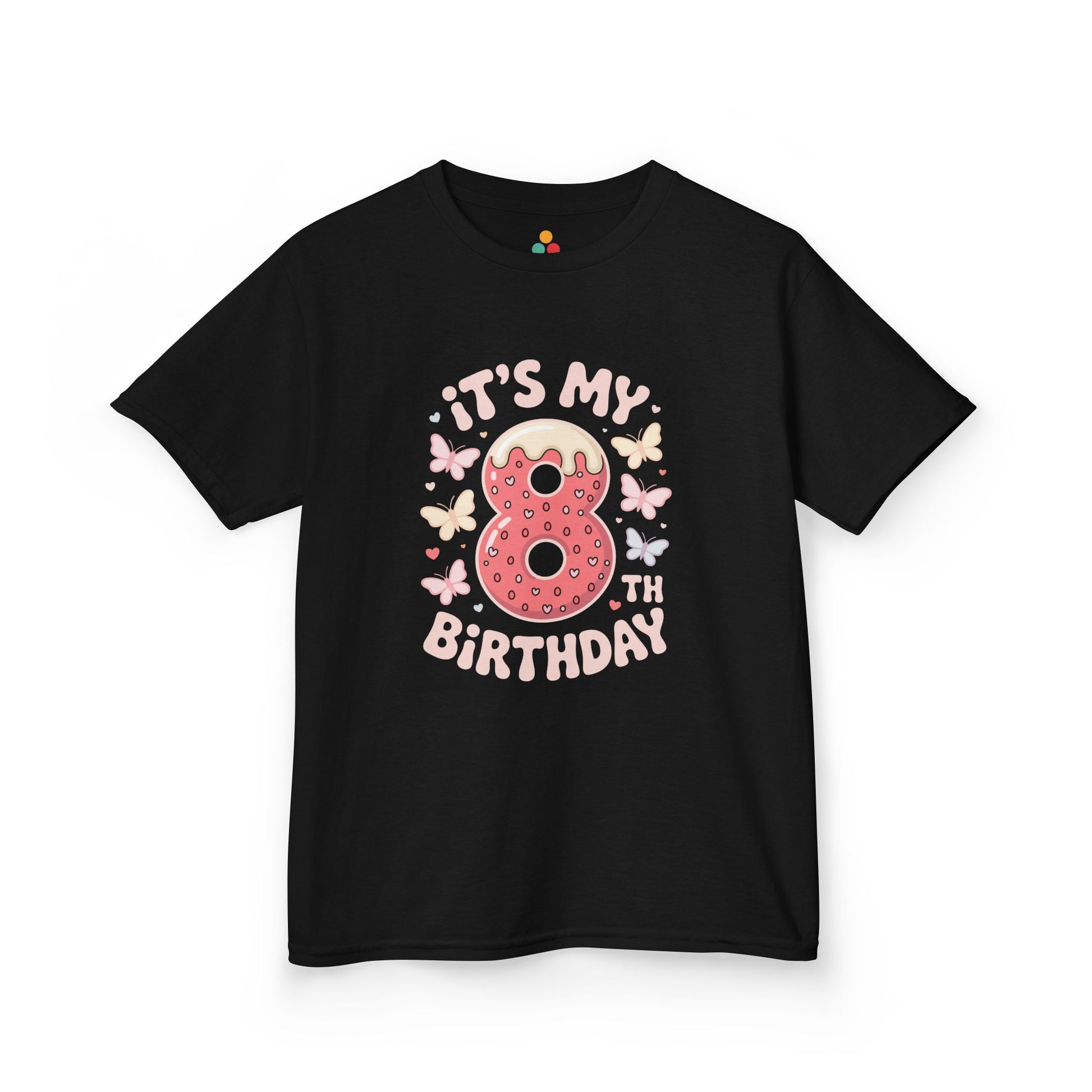 “Black ‘It’s My 8th Birthday’ t‑shirt with pink sprinkle donut number 8, butterflies and hearts, kids birthday design, flat front view.”


