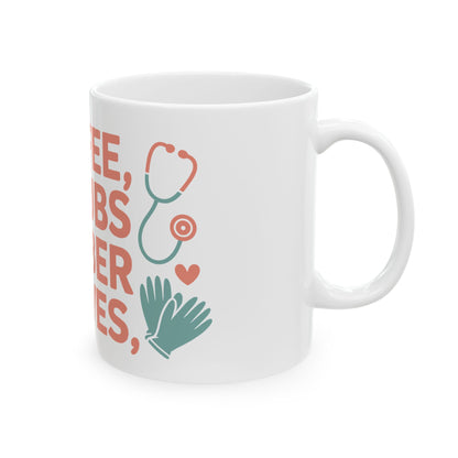 TEEZOCA mug displaying bold Coffee Scrubs & Rubber Gloves typography artwork