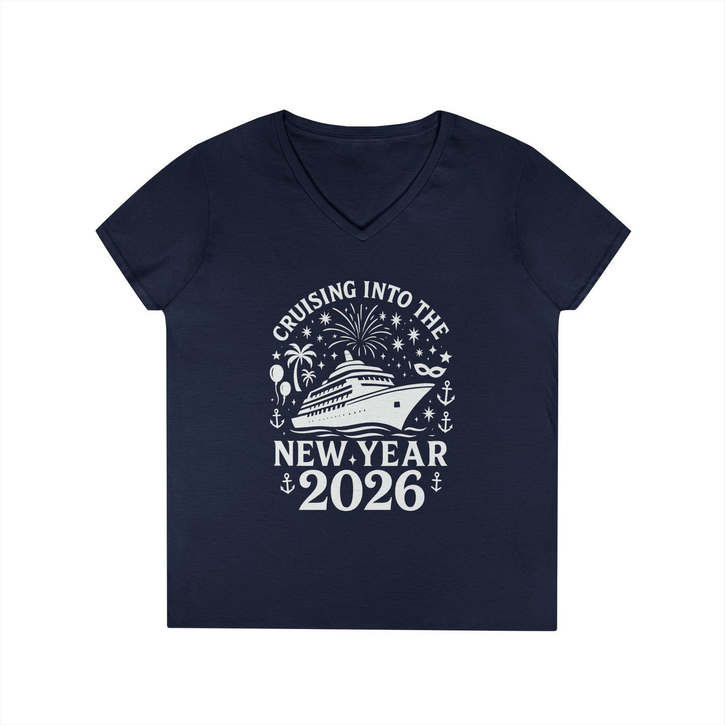 Navy blue t-shirt with white graphic and text 'Cruising into the New Year 2026' on a white background