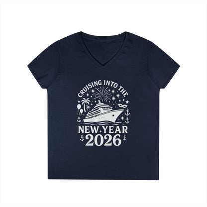 Navy blue t-shirt with white graphic and text 'Cruising into the New Year 2026' on a white background