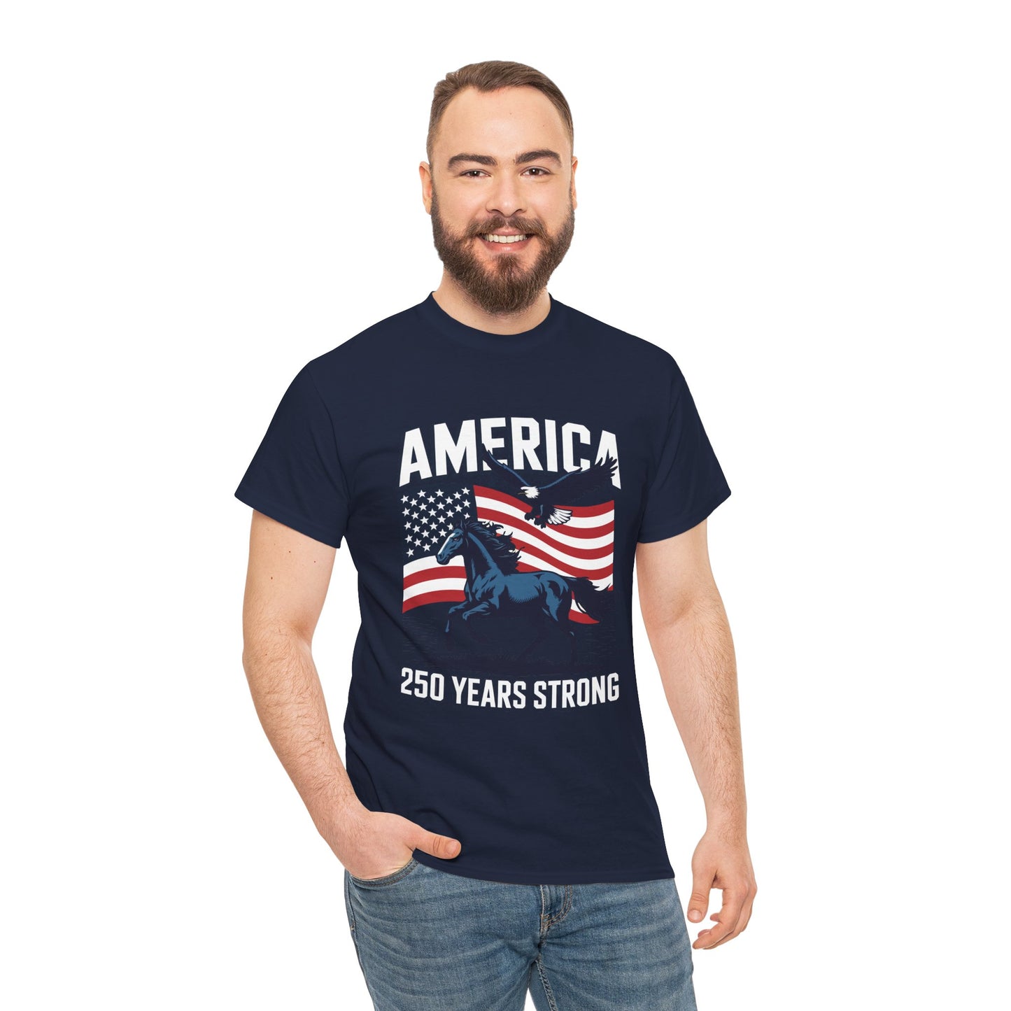 America 250 Years Strong Patriotic T‑Shirt — Semiquincentennial Eagle & Horse Tee | TEEZOCA 