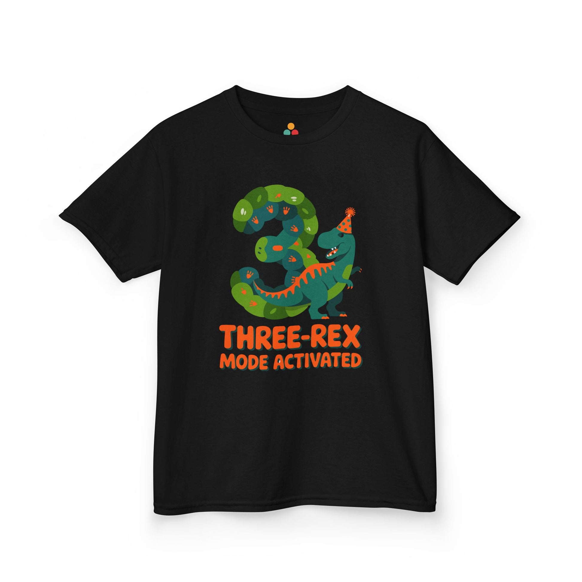 Black kids' t‑shirt with colorful green T‑Rex wearing party hat, confetti, and "Three-Rex Mode Activated" text, flat front view.