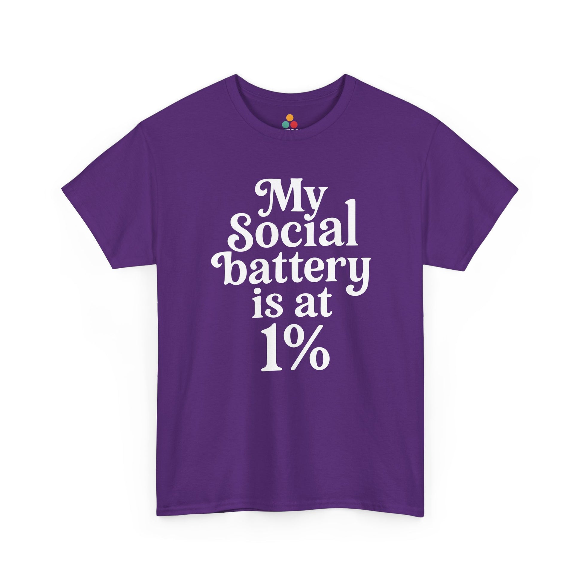 “Teezoca My Social Battery Is At 1% shirt, introvert quote in white text, navy blue tee, front.”
