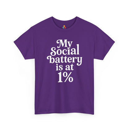 “Teezoca My Social Battery Is At 1% shirt, introvert quote in white text, navy blue tee, front.”
