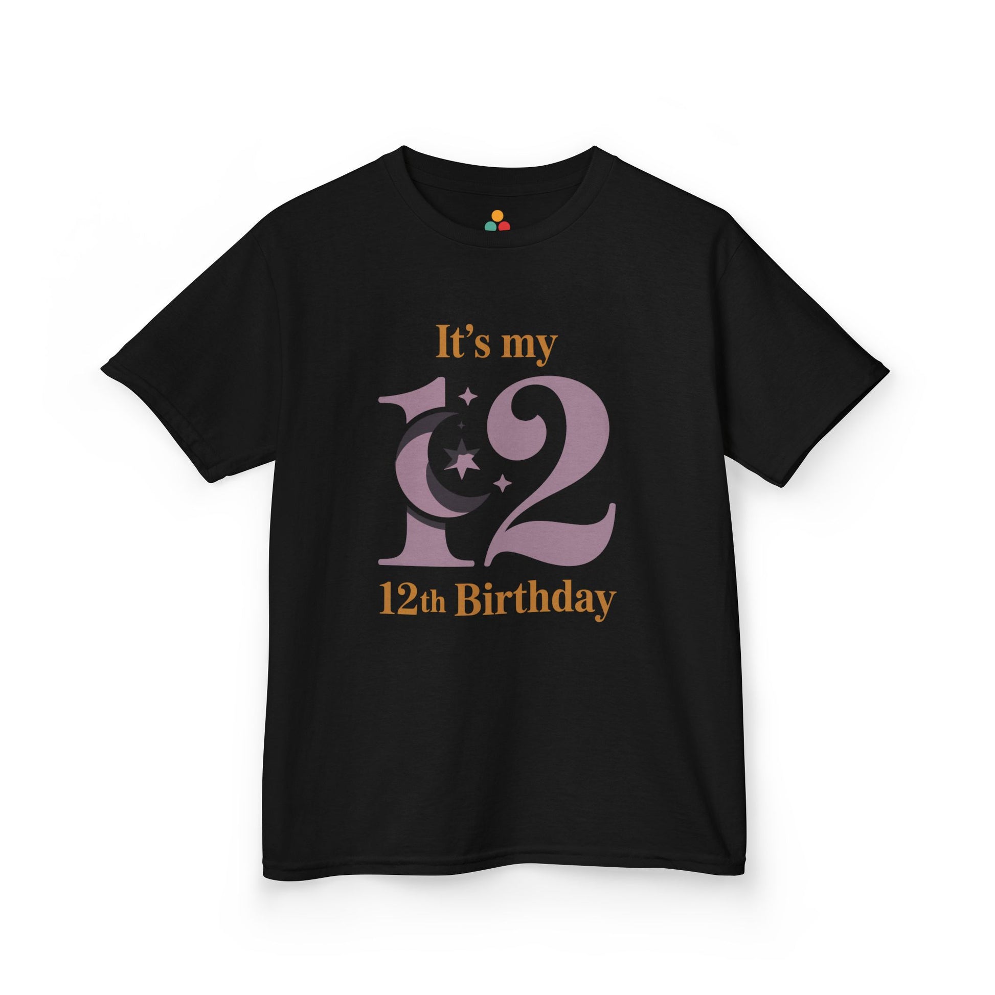 Black kids’ t‑shirt with mauve “12” moon and stars graphic and gold “It’s my 12th Birthday” text, flat front view.