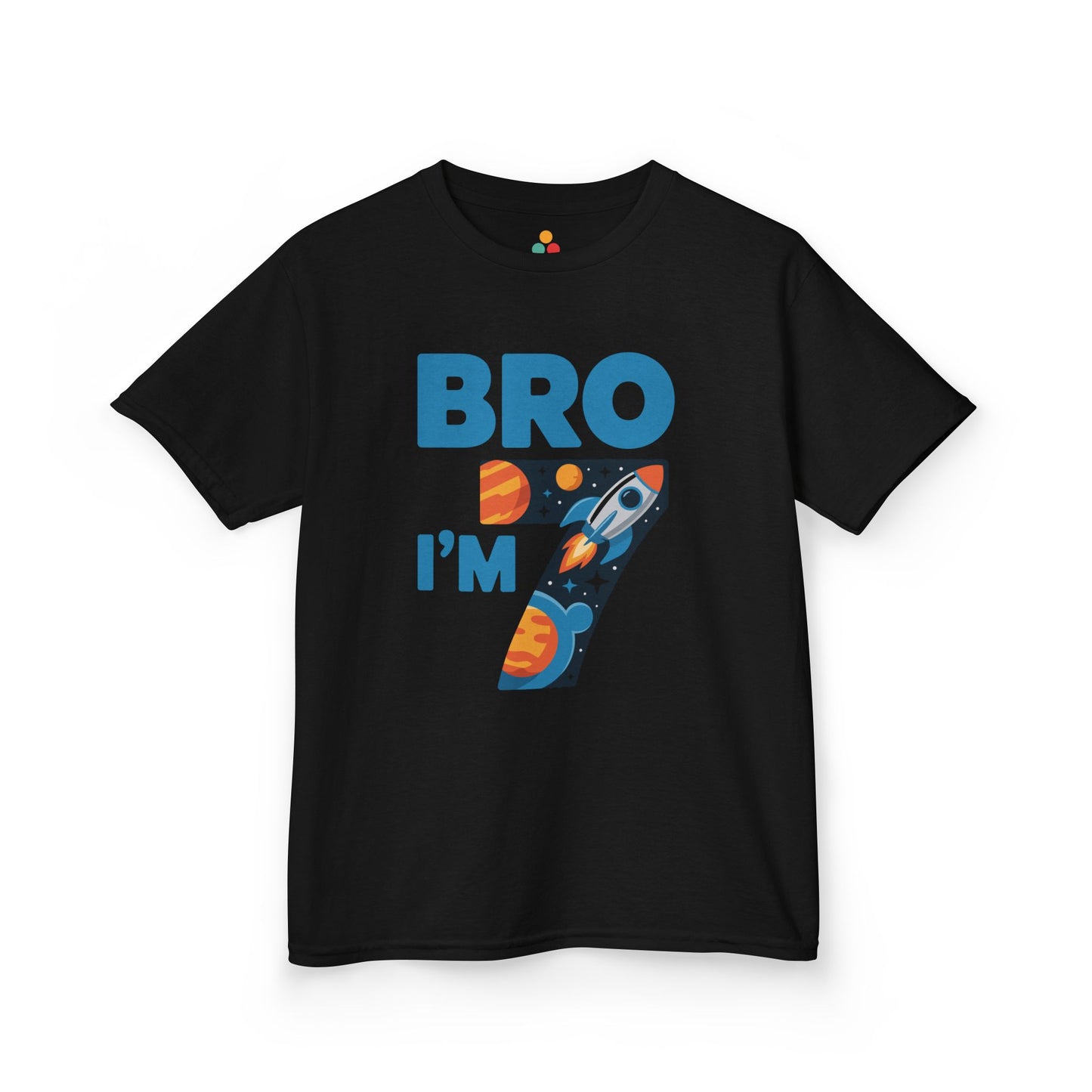 “Kids ‘Bro I’m 7’ space rocket birthday t-shirt in Black, large blue text with number 7 filled with planets, stars, and rocket, front flat lay.”


