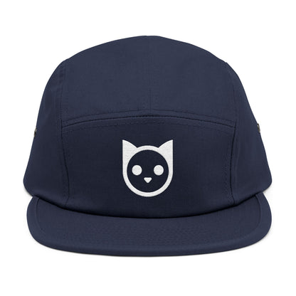 Navy blue cap with a white cat icon on a white background. Minimal embroidered cat icon design on 5-panel cap. TEEZOCA