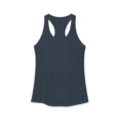 TEEZOCA women’s tank top featuring minimalist mountain and moon design Navy blue tank top on a white background