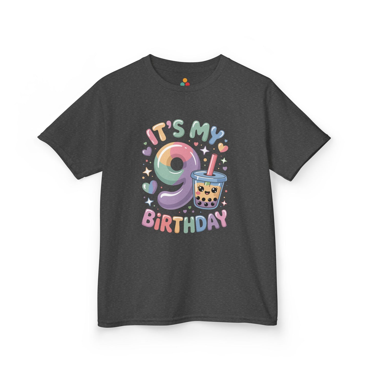 "Charcoal gray 'It's My 9th Birthday' t-shirt, pastel boba tea graphic and confetti around number 9, kids unisex tee."

