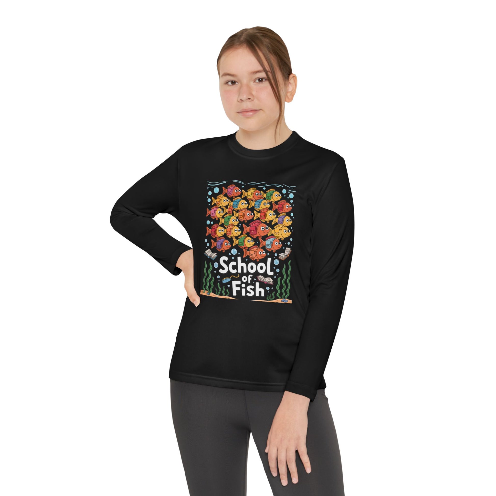 Youth Long Sleeve Tee – "School of Fish" Colorful Kids Graphic Shirt TEEZOCA