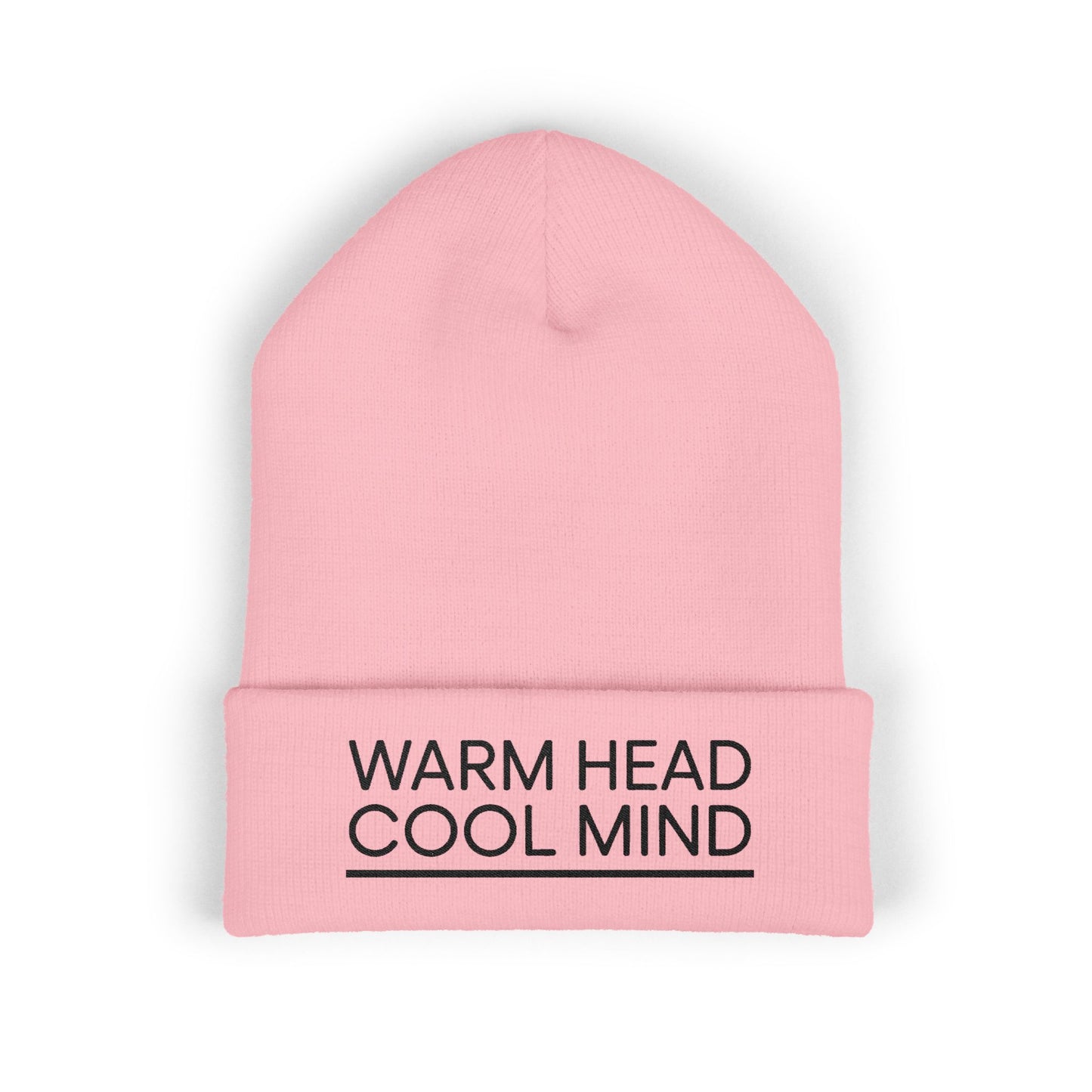 Warm Head Cool Mind embroidered beanie in minimalist black lettering