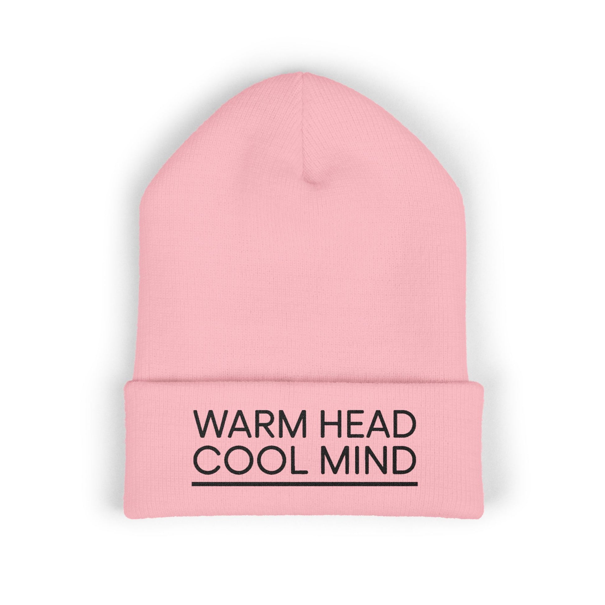 Warm Head Cool Mind embroidered beanie in minimalist black lettering