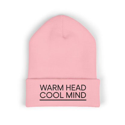 Warm Head Cool Mind embroidered beanie in minimalist black lettering