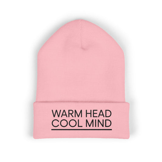Warm Head Cool Mind embroidered beanie in minimalist black lettering