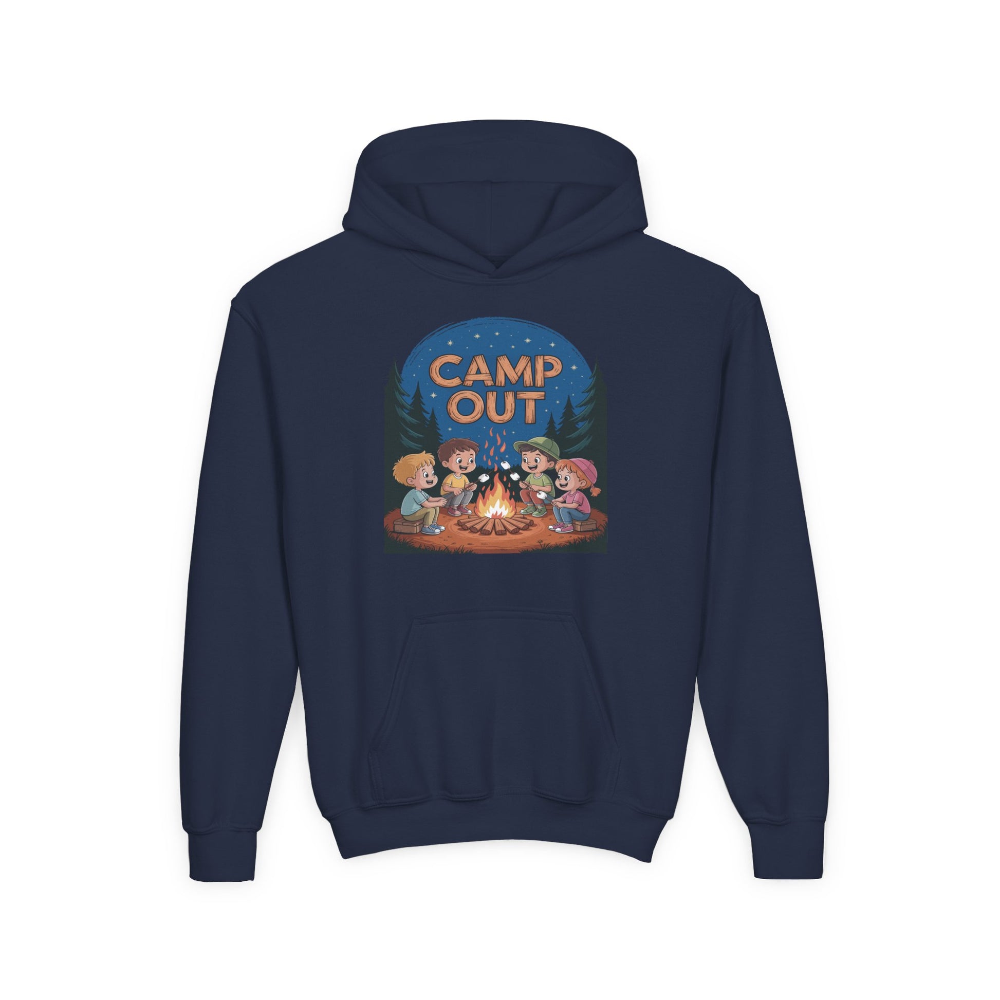 Camp Out Kids Hoodie — Youth Camping Hooded Sweatshirt with Campfire Design TEEZOCA