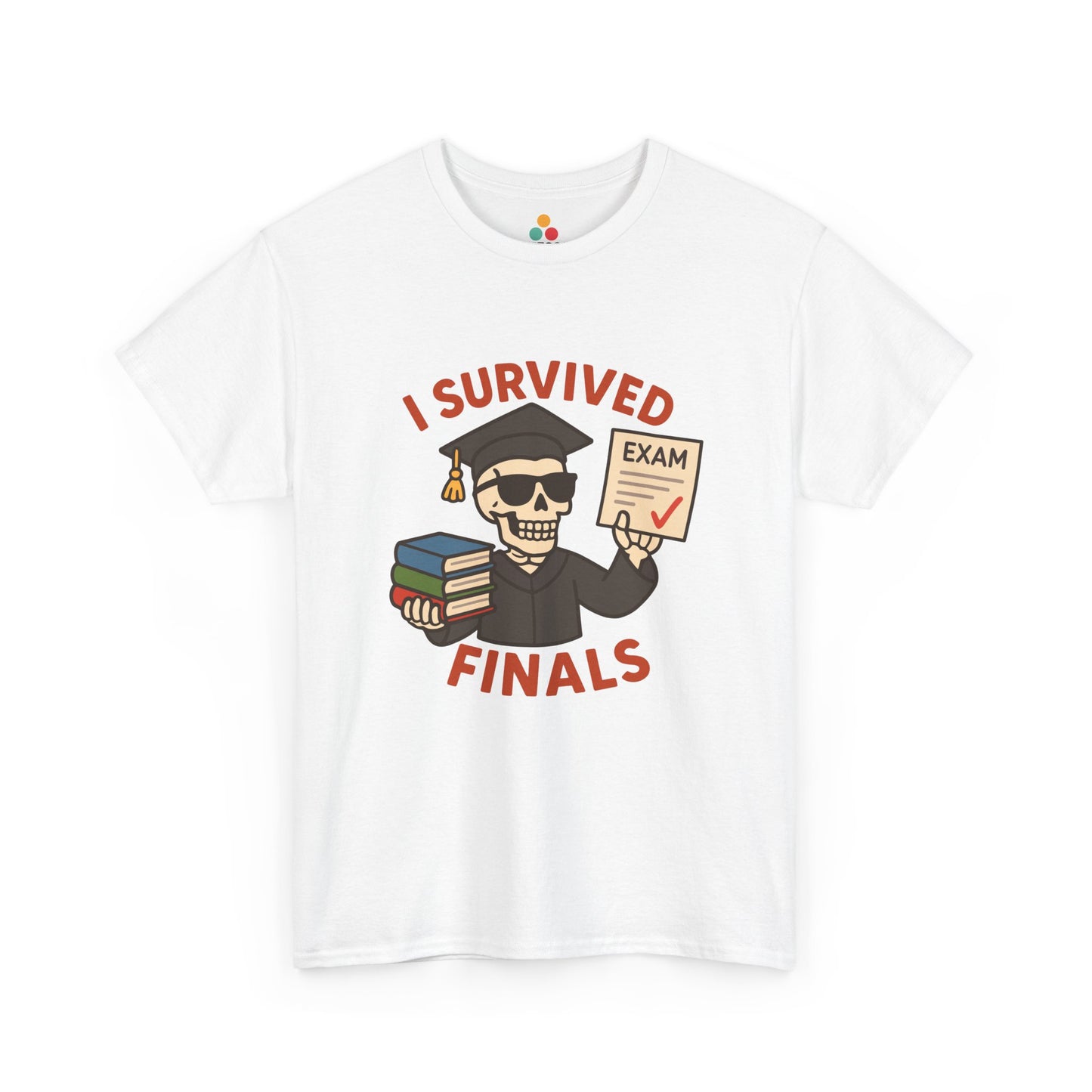 “White t‑shirt with cartoon graduate holding books and an exam paper, surrounded by the words ‘I SURVIVED FINALS,’ flat front view.”

